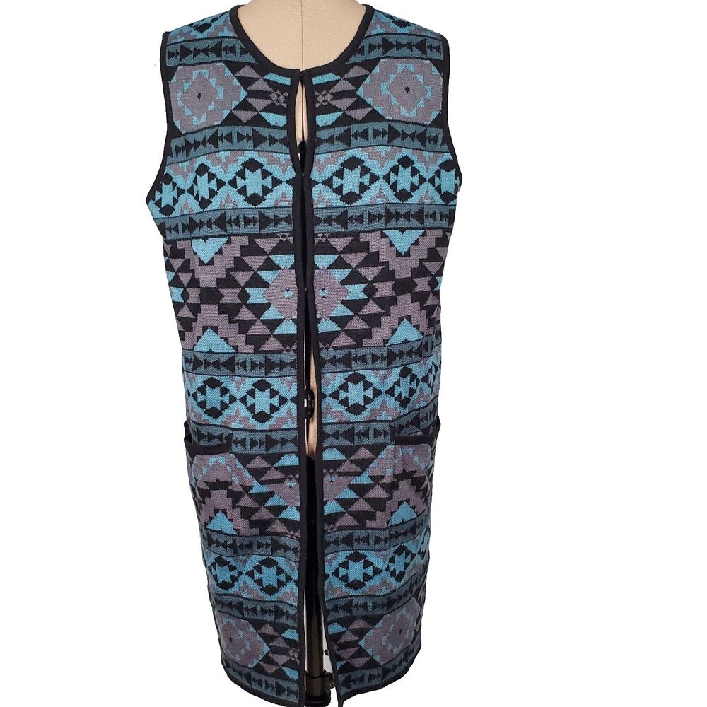 Icelandic Design Women’s Sleeveless Cardigan Large Blue Black Wool Maxi Sweater